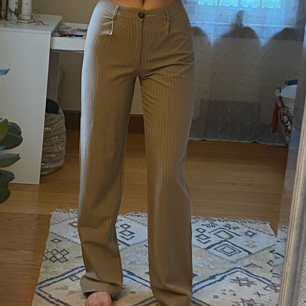 Princess Polly Tan Pinstripe Wide-Leg Trousers